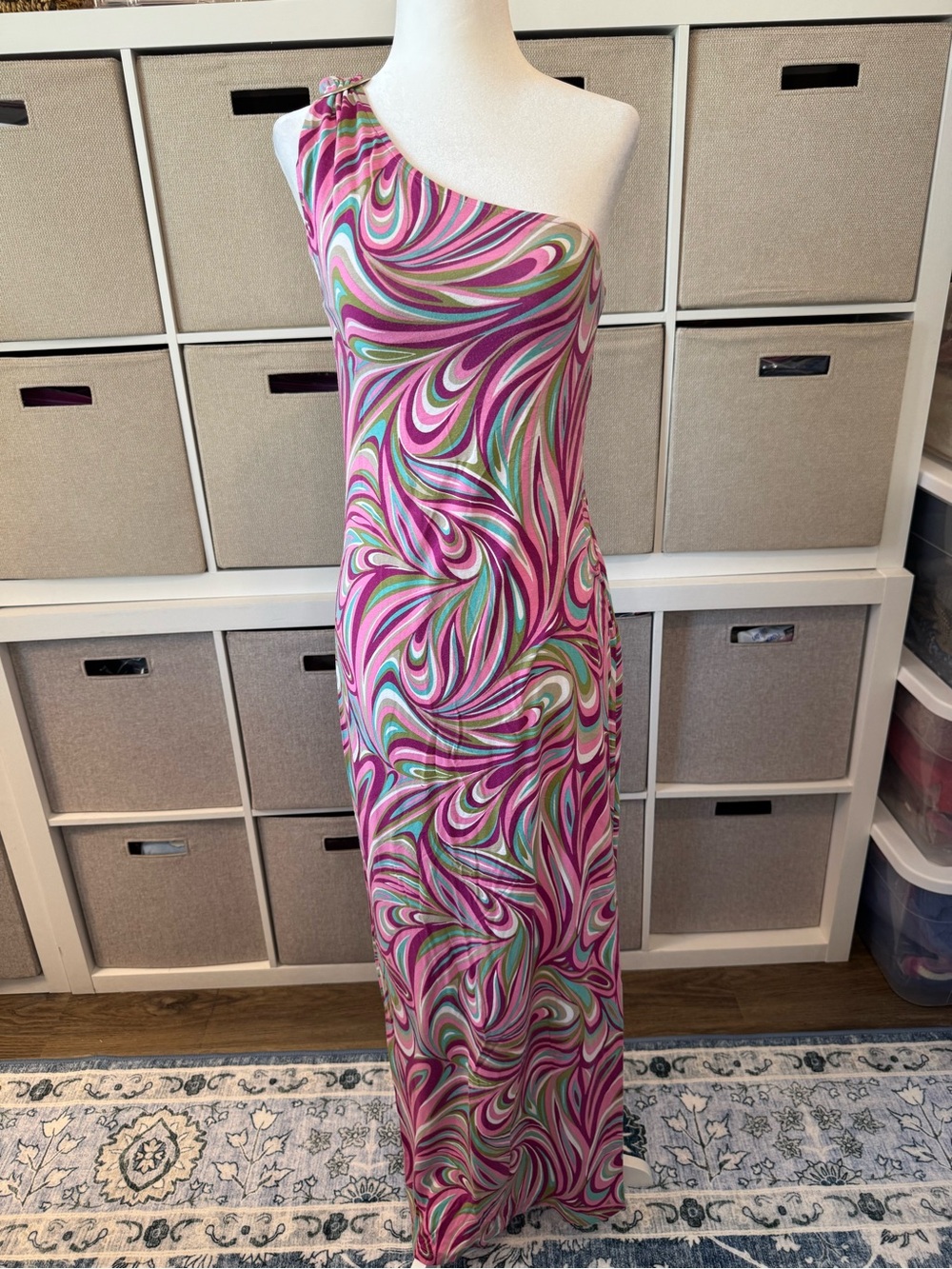 Tommy Bahama One Shoulder Swirl Print Maxi Dress Pink Tropical Size S